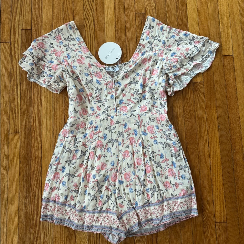 Floral Print Women's Romper - Cream, Pink, and Blue